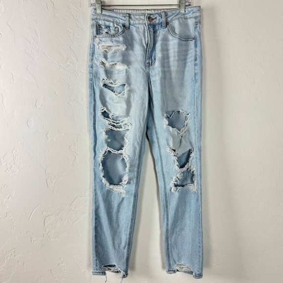 American Eagle Outfitters Denim - American Eagle Jeans‎ Mom Denim Light Wash Blue Solid Holes Ripped Distressed